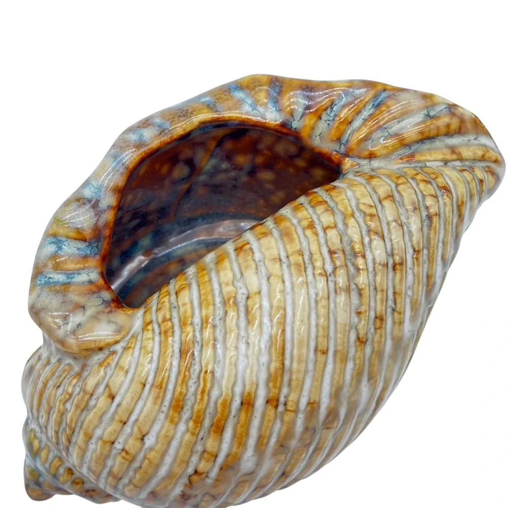 Vintage Ceramic Conch Shell Planter Vase 4.5in Brown Coastal Home Decor
